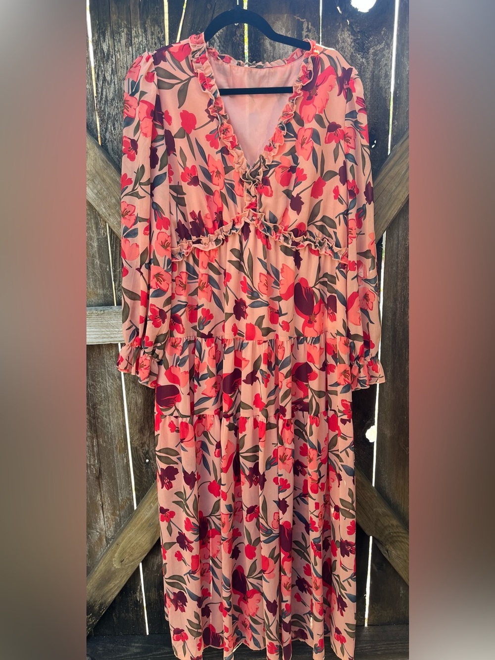 Ladies Floral Ruffle Tiered maxi Dress in Peach and Coral